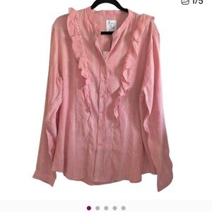 NWT The Shirt Rochelle Behrens Linen Ruffle Striped Button down shirt XL
